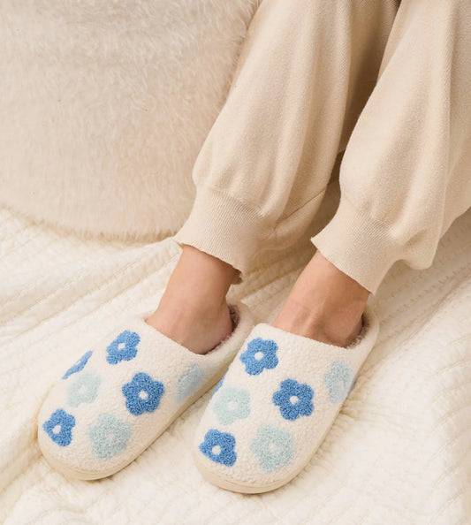 Blue Flower Soft Fuzzy Hard Sole Lightweight Slippers The Darling Effect