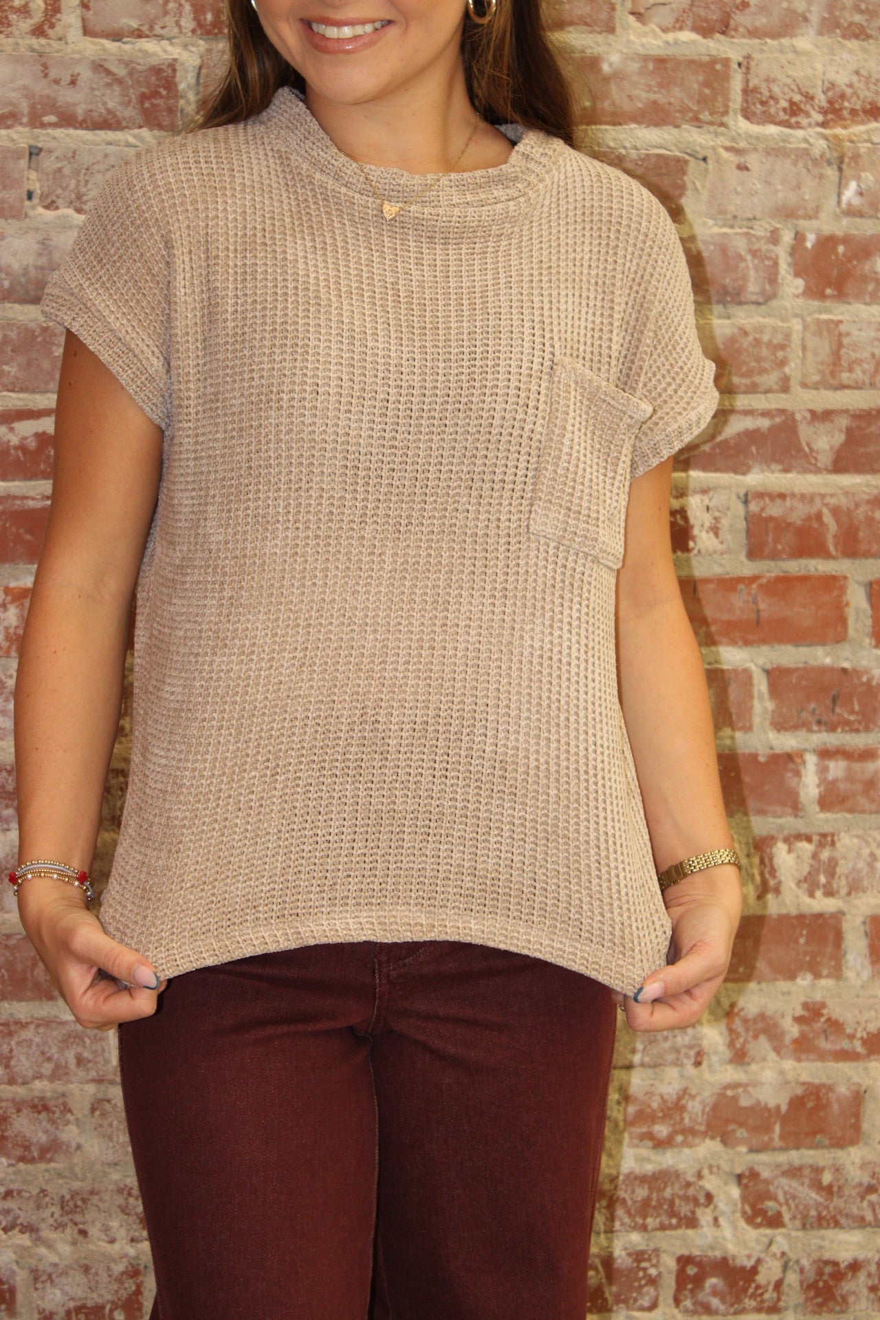 Zenana As Mocha Chenille Waffle Short Sleeve Sweater: Vanilla Monkey