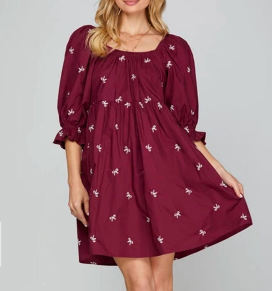 3/4 SLEEVE BOW EMBROIDERY WOVEN TIERED DRESS WITH POCKETS SHE + SKY