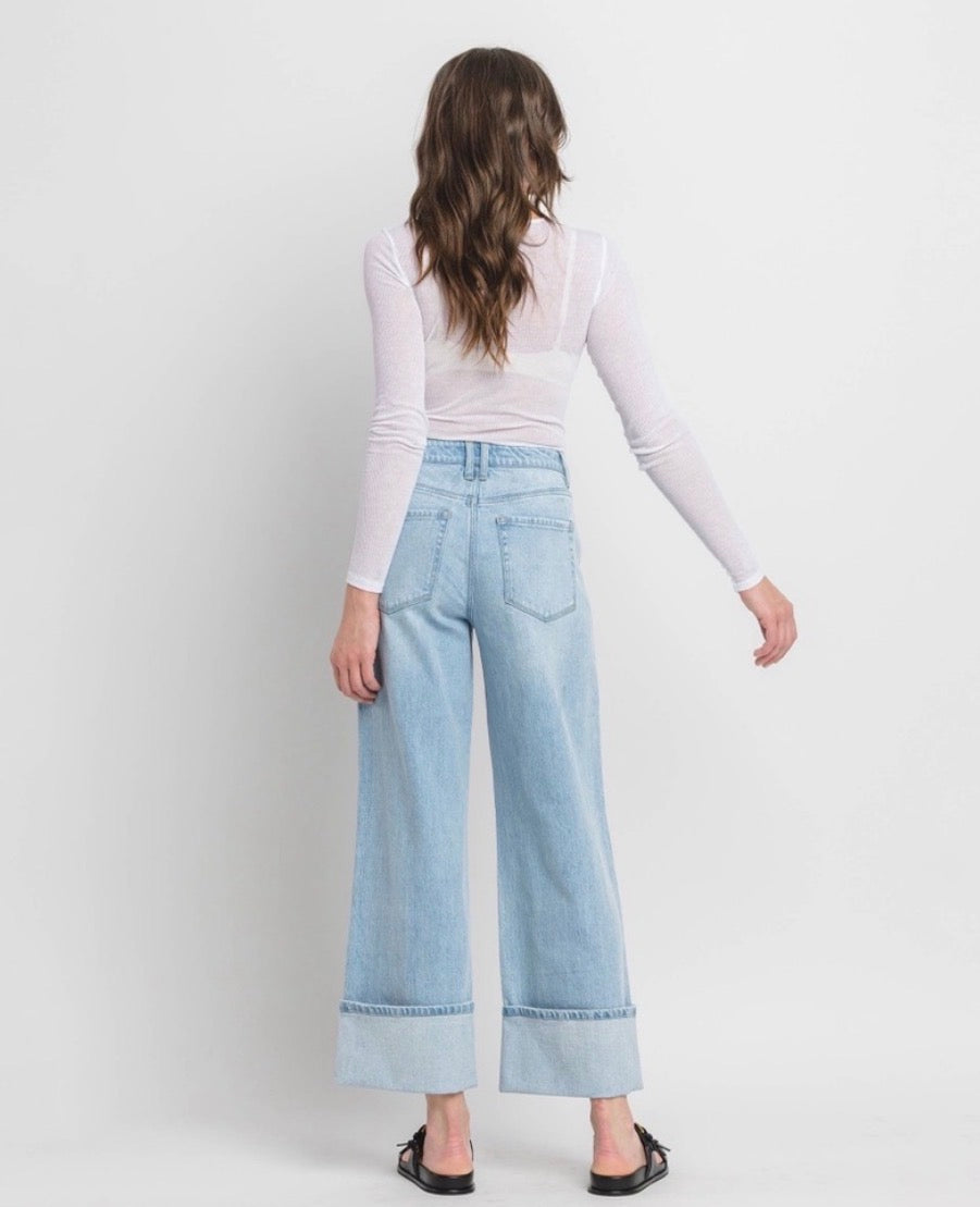 SUPER HIGH RISE CUFFED BAGGY WIDE JEANS STREAMLINED VERVET by FLYING MONKEY