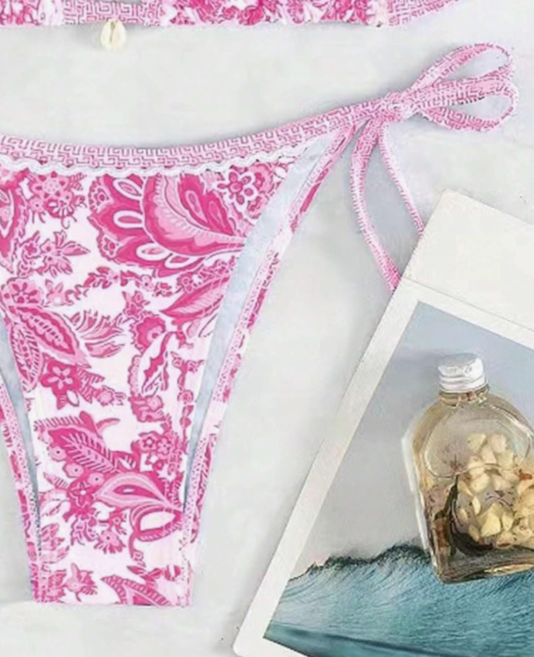 Pink Bohemian Print Lace-Up Sexy Bikini Split Swimsuit Set Rosa Clothing