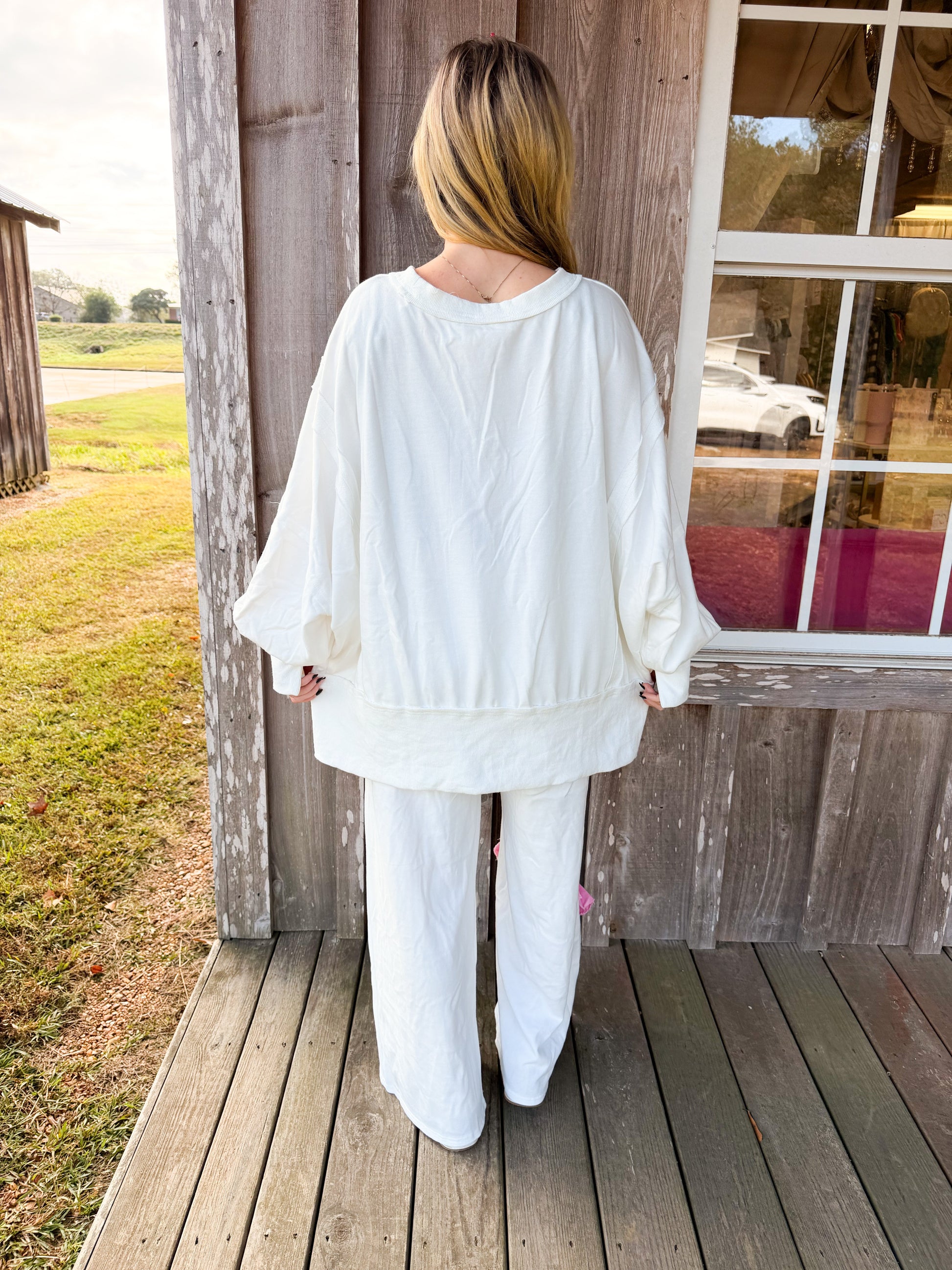 FANTASTIC FAWN Frayed Denim Bow French Terry Hi-low Sweatshirt And Pants Set FANTASTIC FAWN