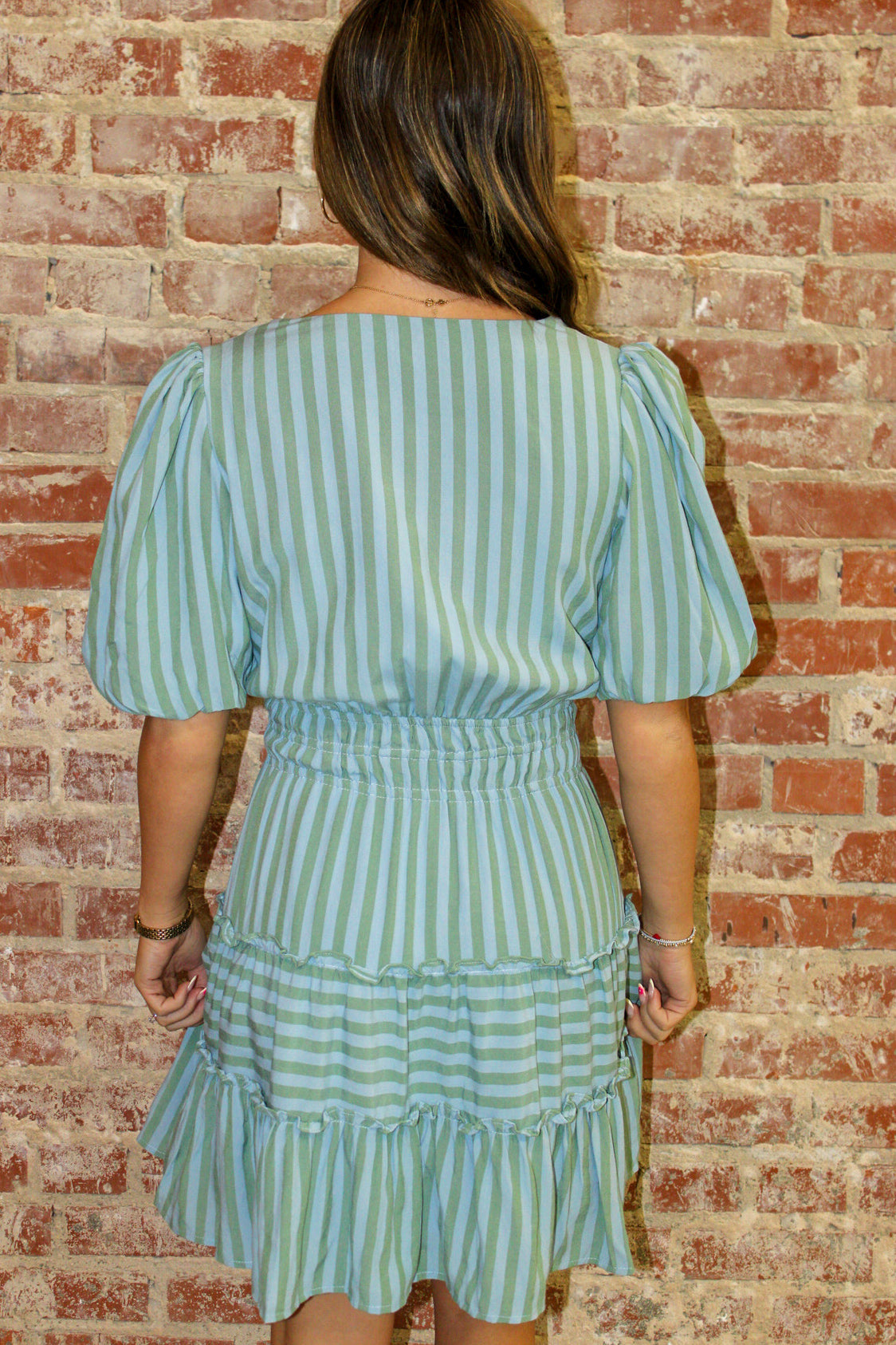 Blue Striped Flattering V Slit Neck Bubble Sleeve Dress TCEC