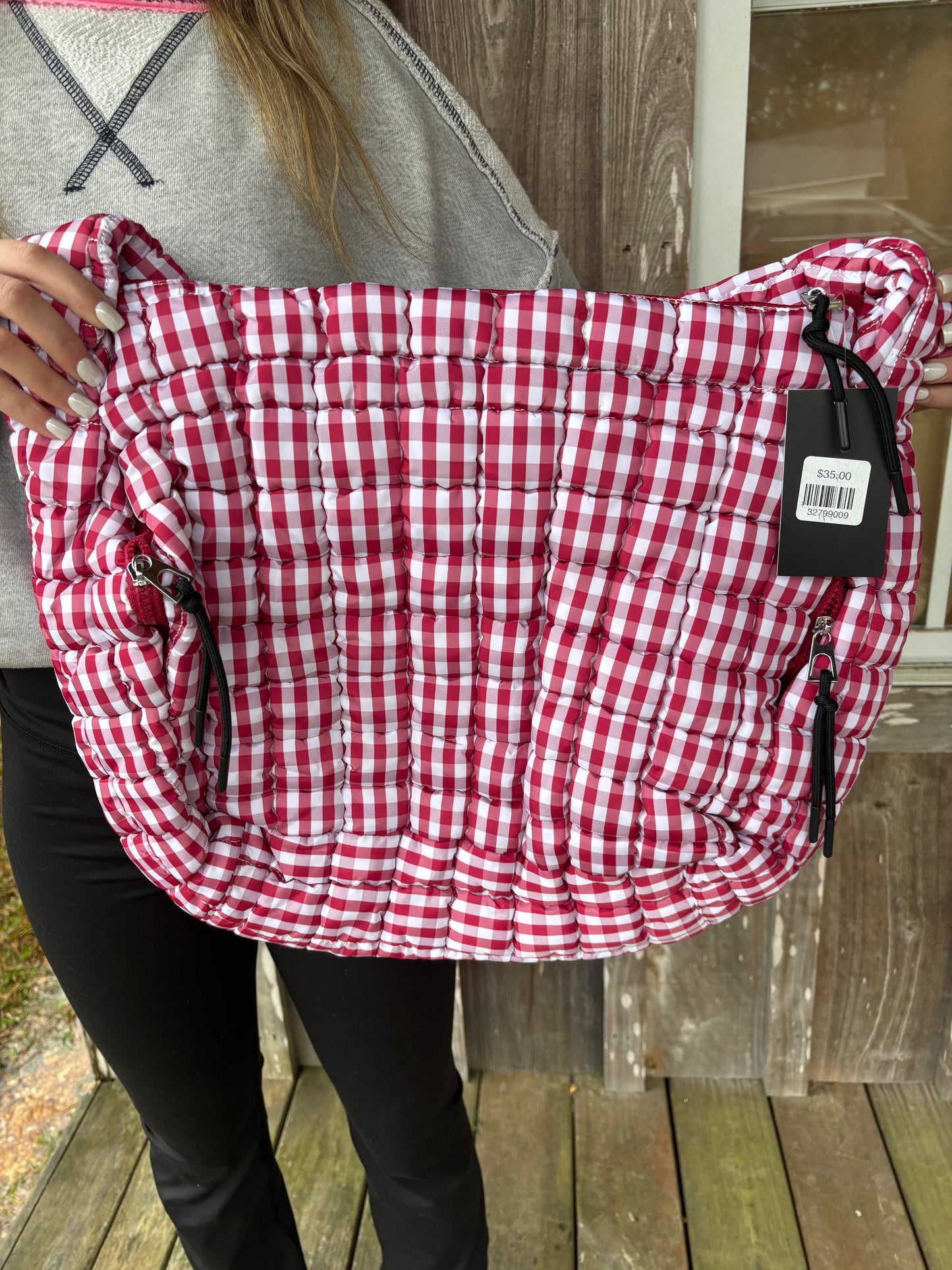 Lulu Mac Red And White Gingham Puffer Quilted Handbag