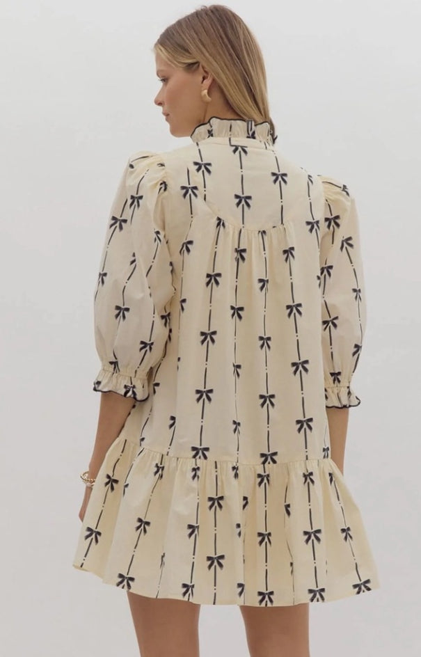 Beige Cute Bowknot Printed Bubble Sleeve V Neck Mink Dress Lovesoft