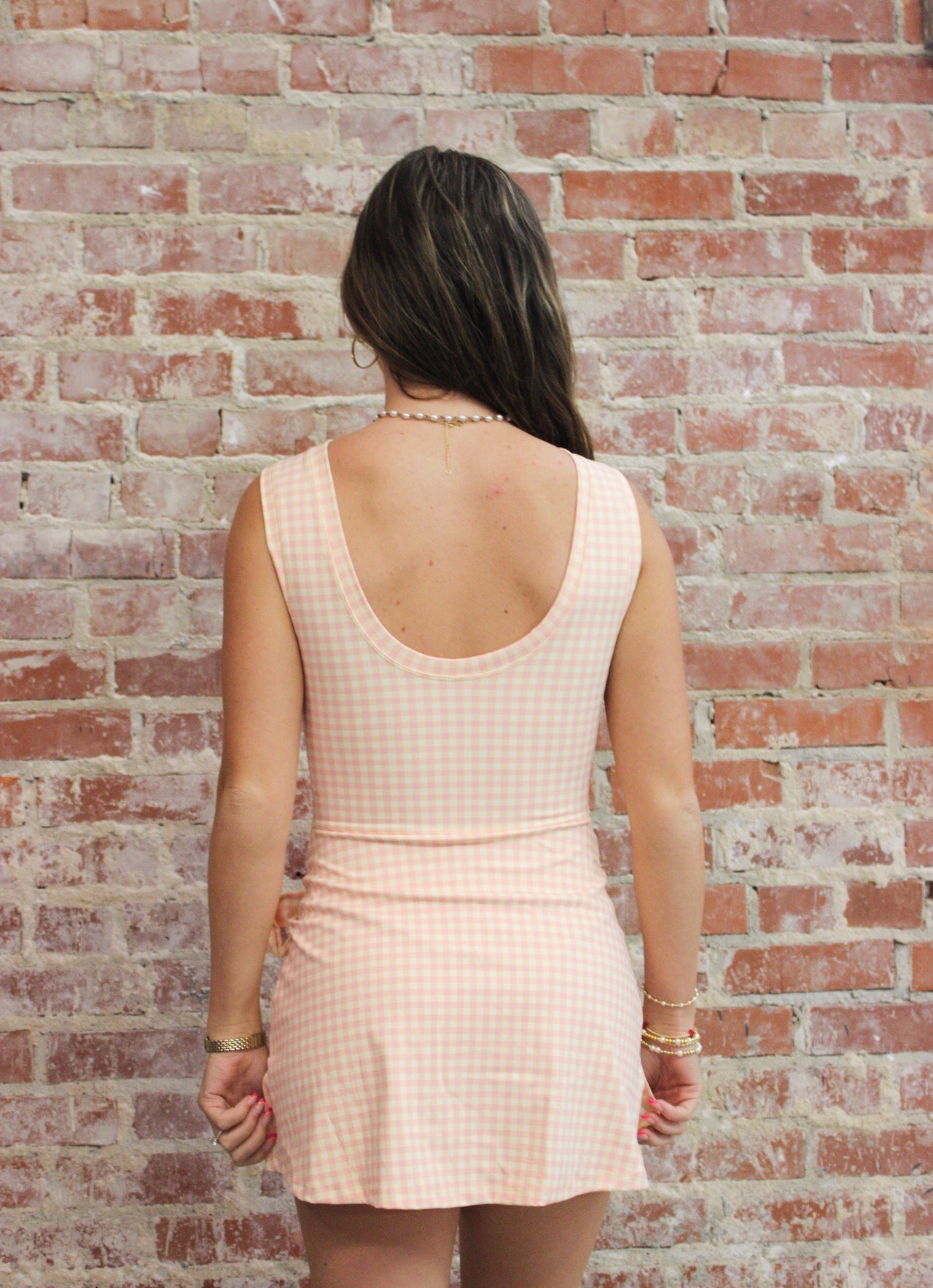 KIMBERLY C Peach Gingham Gingham Print Sleeveless Wrap Tie Front Dress KIMBERLY C
