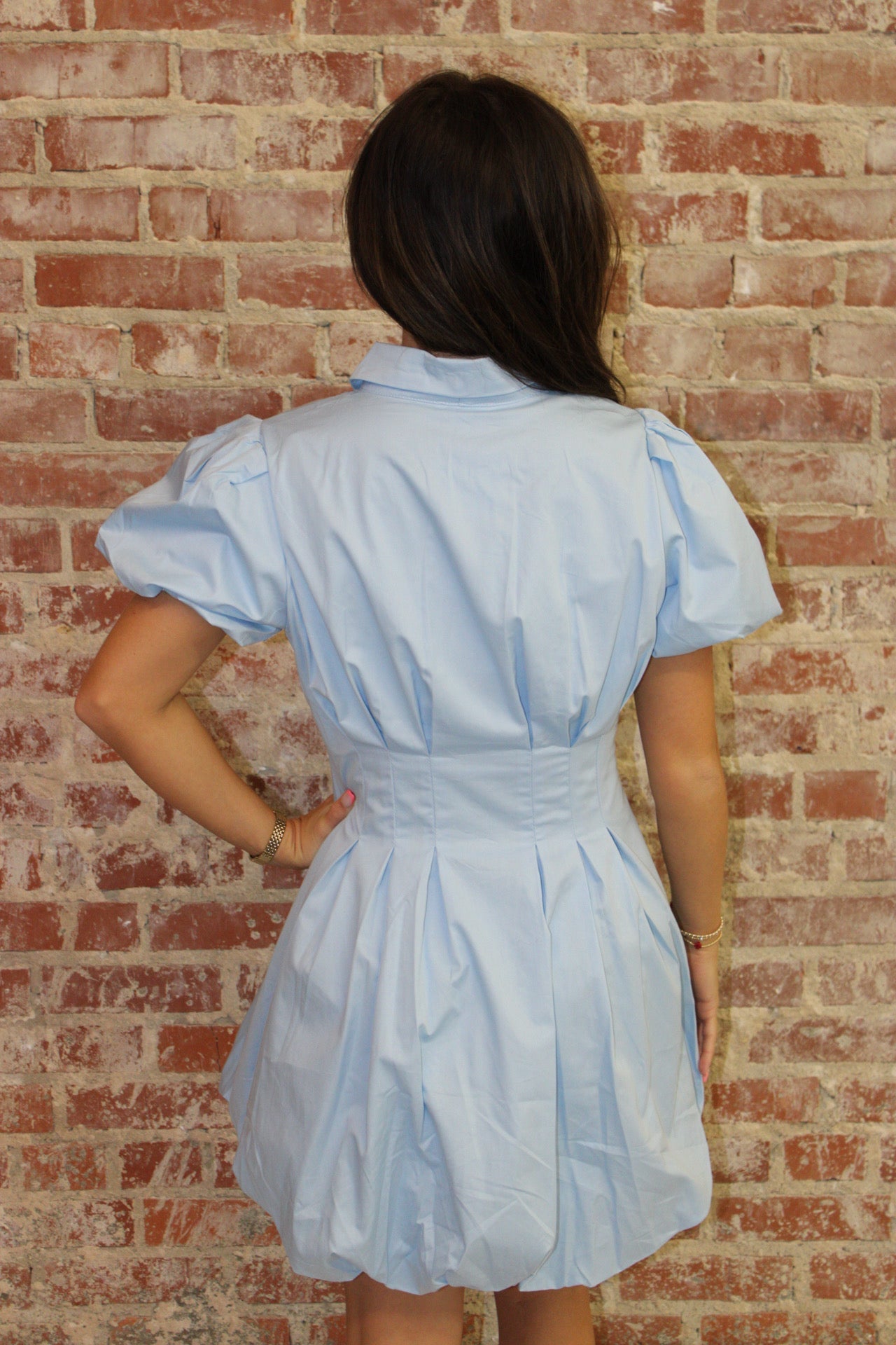 TCEC Baby Blue Fit and Flare Zipper Front Bubble Sleeves Dress TCEC