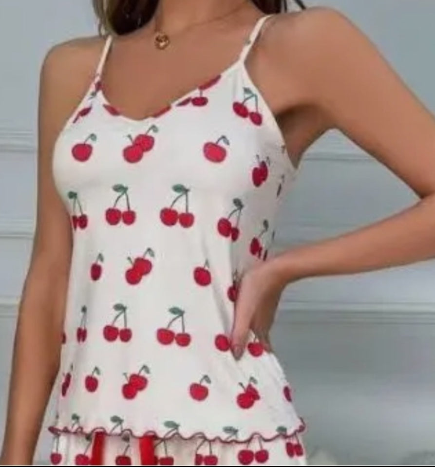 White Cherry Pajama Tank Top And Cropped Pants Set Miss Sparkling