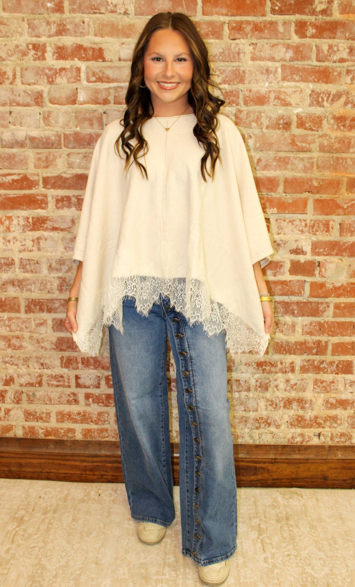 Peach Love California Ivory Lace Hem Detailed Knit Pancho Peach Love California