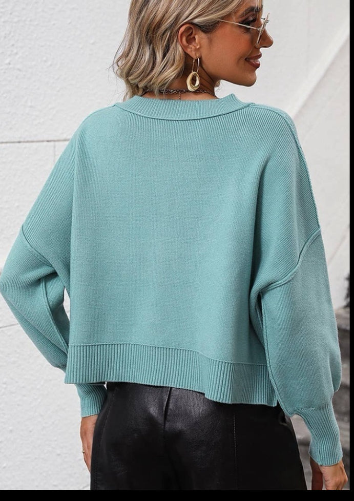 TEAL BLUE WOMEN RIBBED HEM FITTED SLEEVE KNIT JUMPER TOP Lily Clothing