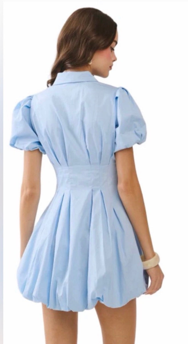 TCEC Baby Blue Fit and Flare Zipper Front Bubble Sleeves Dress TCEC