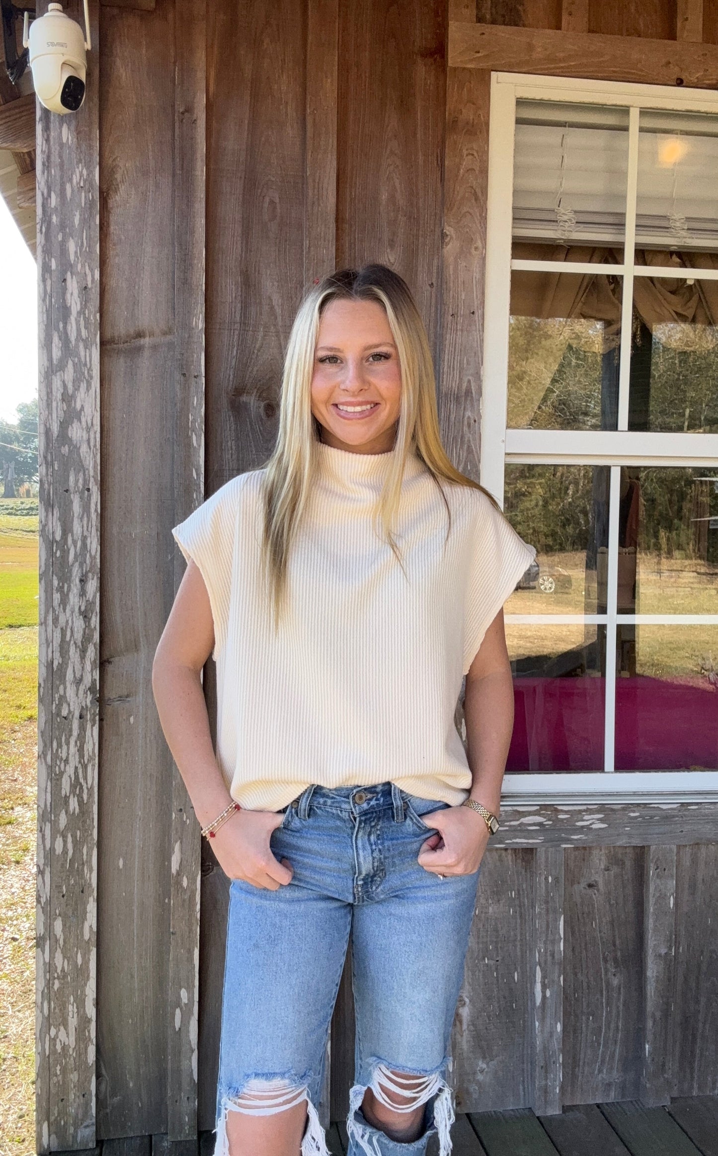 BUCKETLIST Mock Neck Rib Textured Solid Knit Top BUCKETLIST