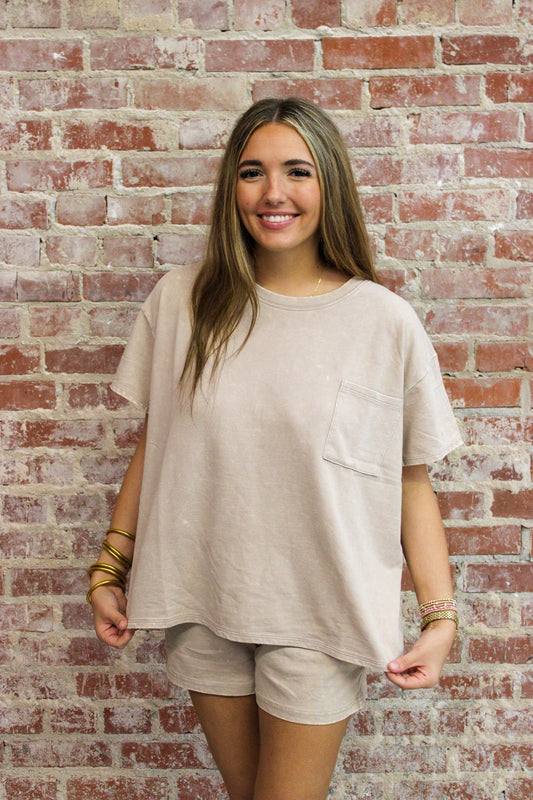 Zenana Ash Mocha French Terry Acid Washed Relaxed Top & Short Set Zenana