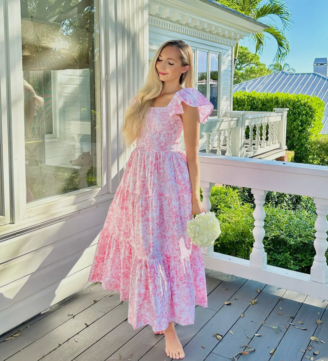 8 Oak Lane Pink Bow Toile Smocked Flutter Sleeve Dress 8 Oak Lane