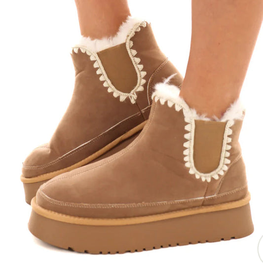 Fur-lined Platform Ankle Boots With Crochet Stitching CCOCCI