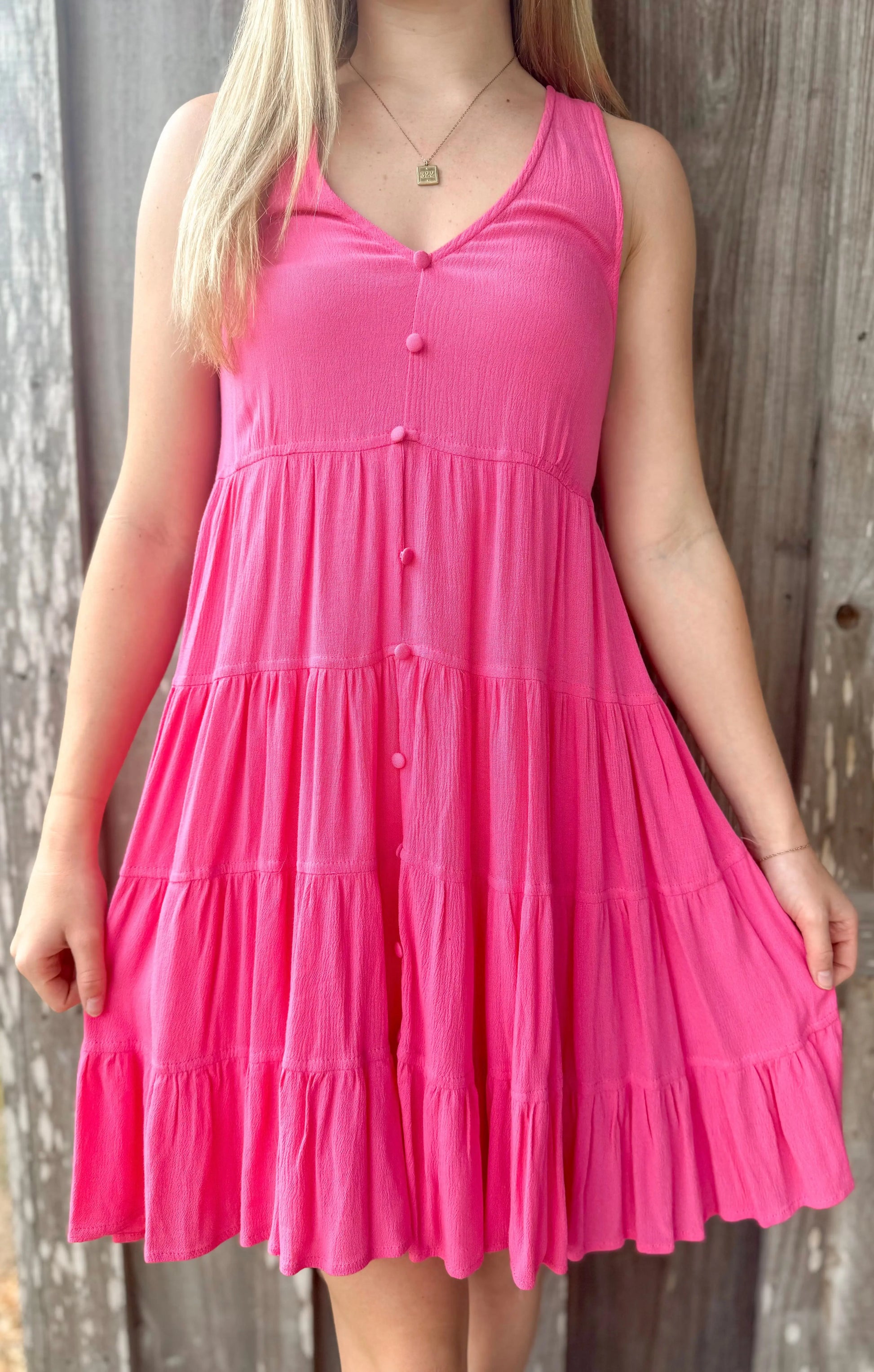 Pink Sleeveless Button Up Tiered V Neck Mini Dress BAEVELY