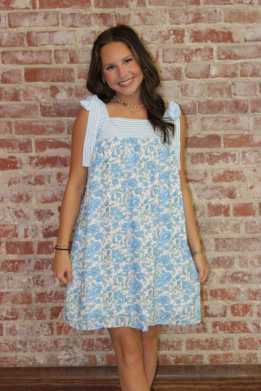 LA Society Sky Blue Floral Stripe Patchwork Bow Knot Strap Mini Dress LA Society