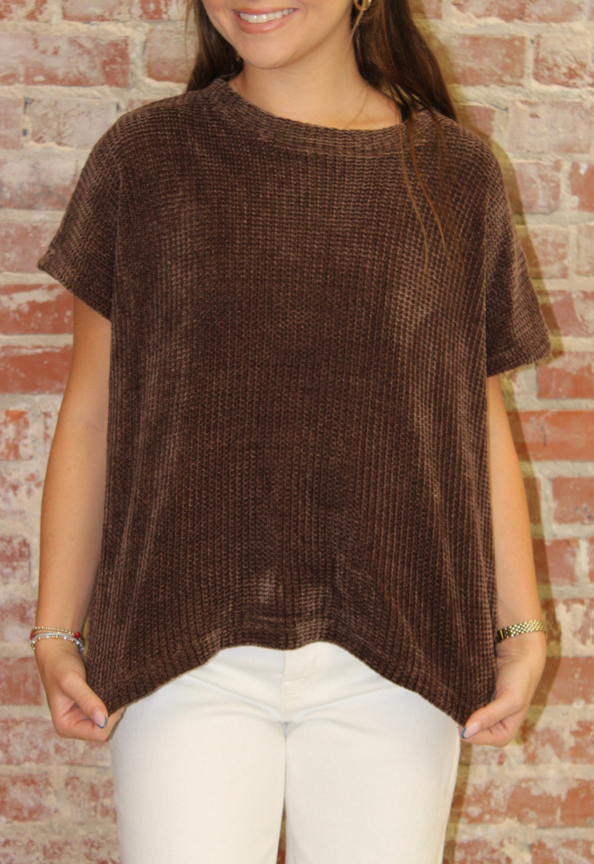 Zenana Chocolate Chenille Waffle Cap Sleeve Sweater Vanilla Monkey
