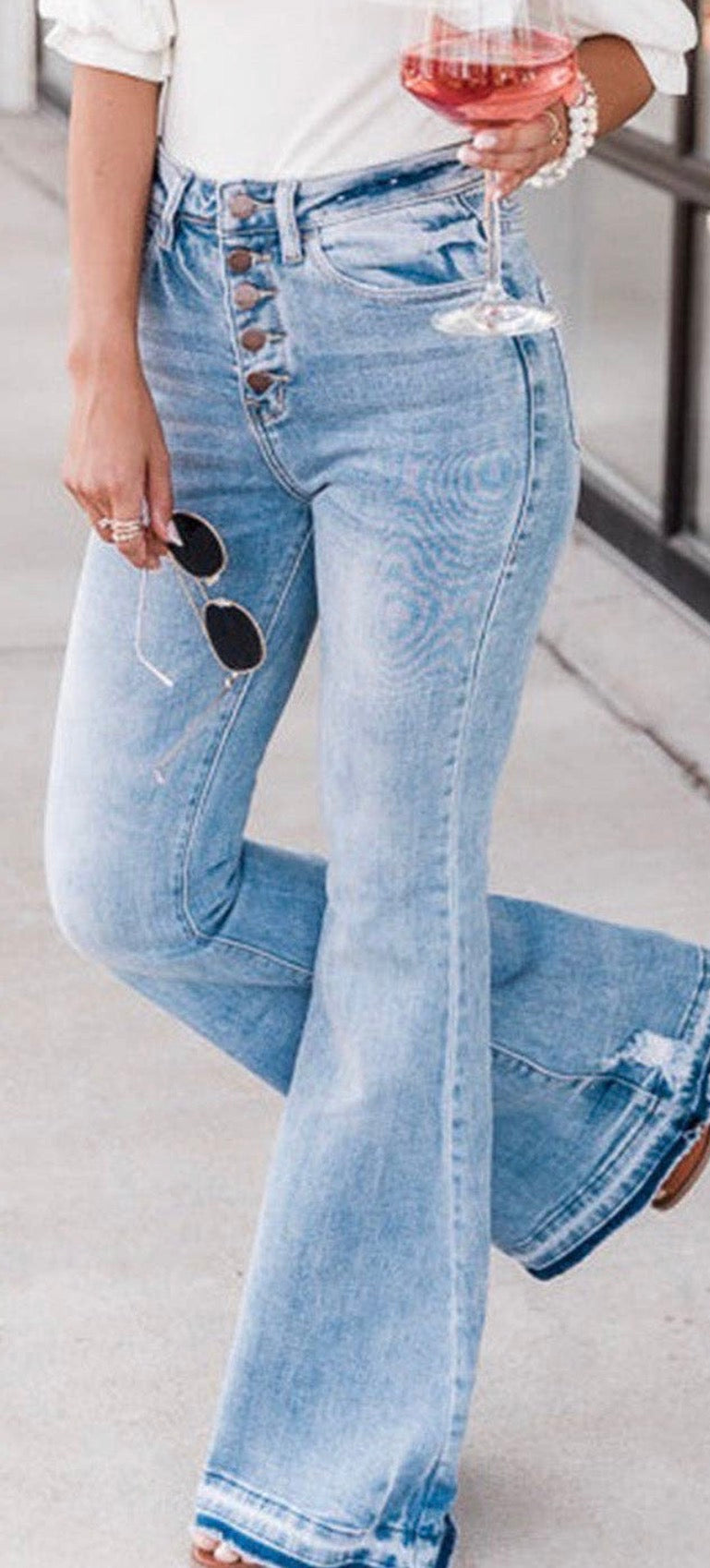 Umorger Denim Blue High Waist Buttoned Distressed Flared Jeans Umorger