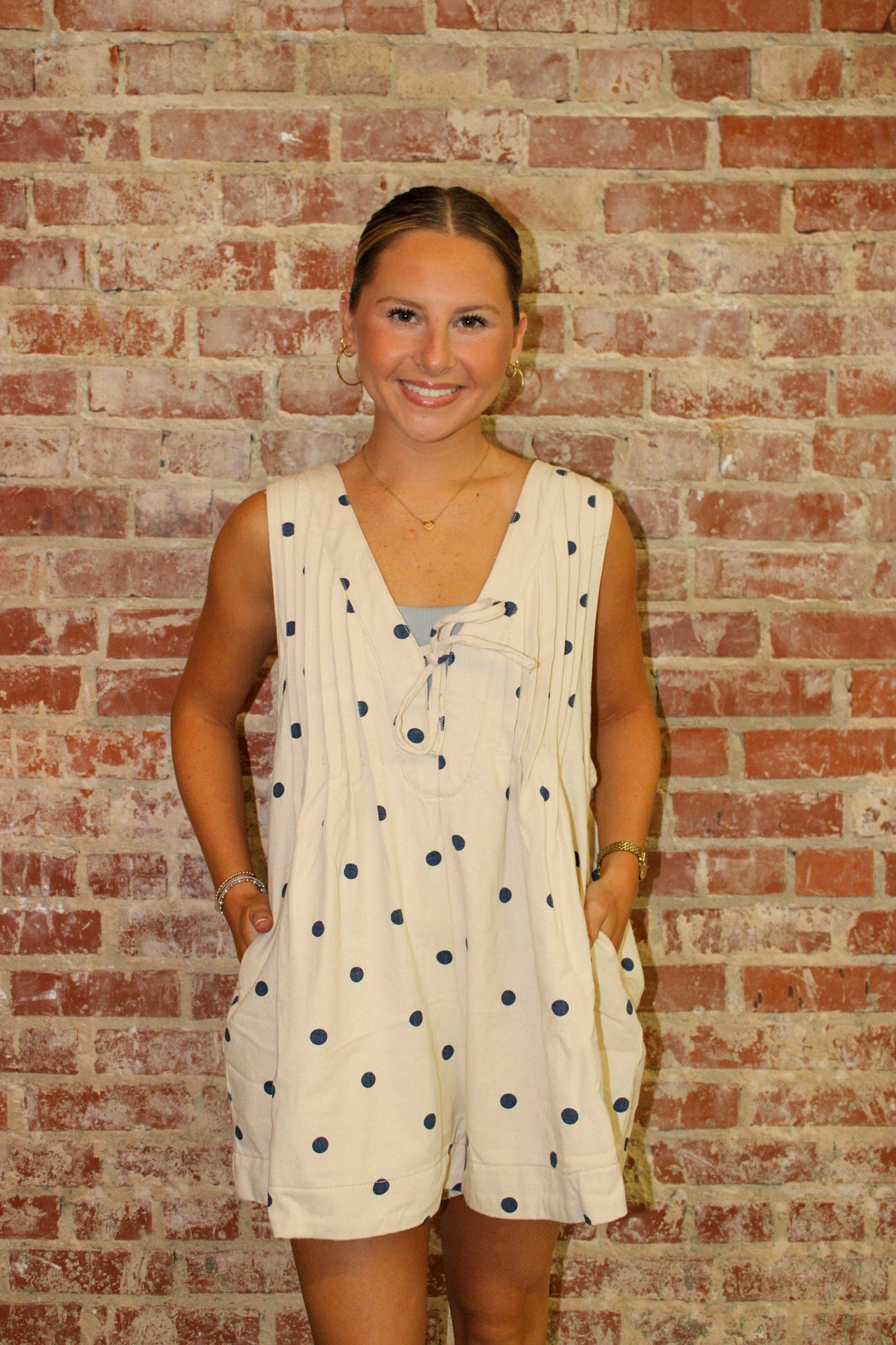 Veveret Blue Polka Dot  Printed Pleated V Neck Sleeveless Denim Romper Veveret