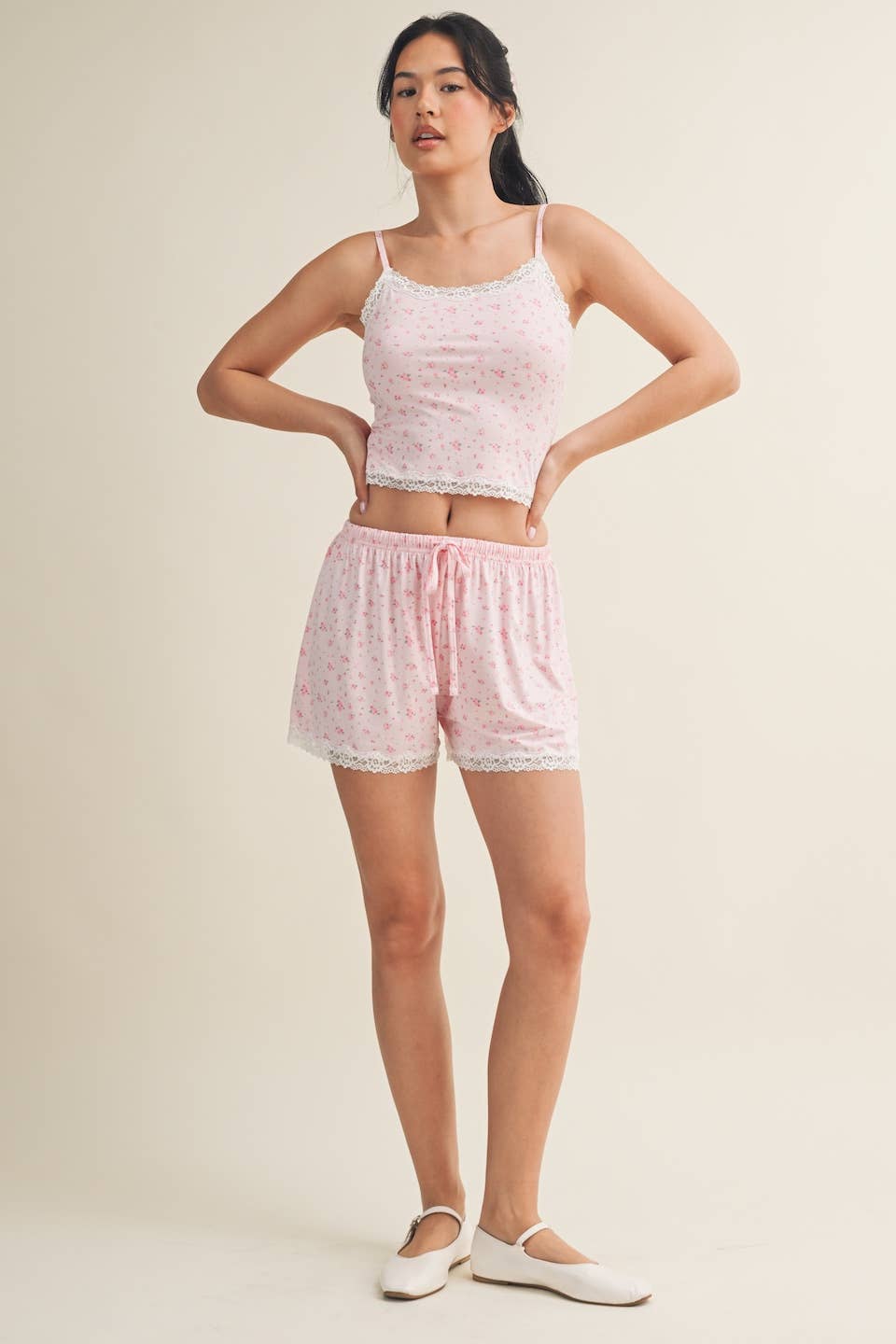 KIMBERLY C Pink Ditsy Print Cami Top And Shorts with Scalloped Edge Lace Trim KIMBERLY C