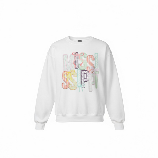 Mississippi Coquette Faux Embroidery, White Sweatshirt SOUTHERN SUNDROP BOUTIQUE