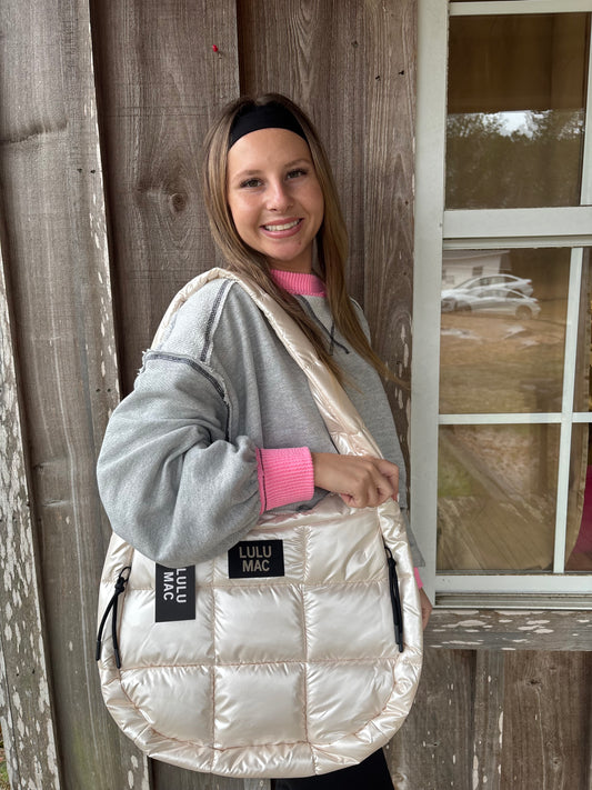 LULU MAC METALLIC OFF WHITE PUFFER TOTE BAG