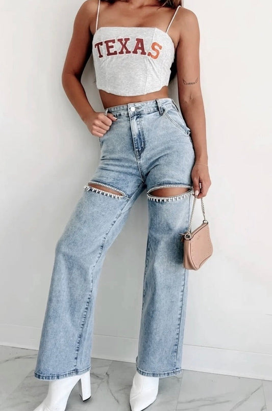 Wide Leg Jeans Rhinestones Cutout High Waist Denim trousers Little Trendy