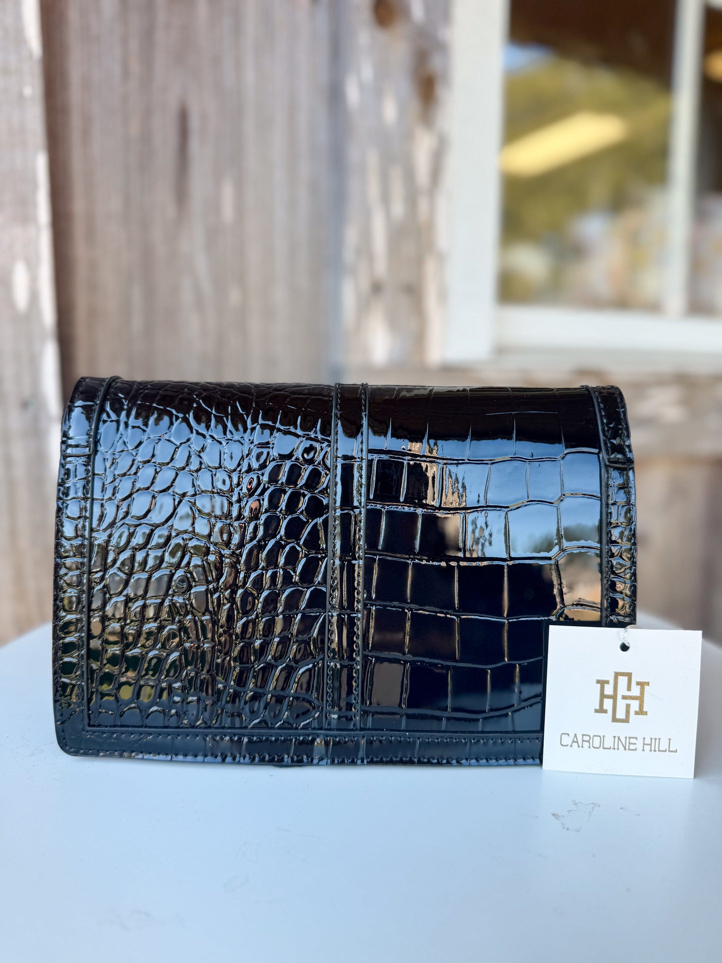 Caroline Hill  Cecilia Circle Logo Black Patent EC Handbag Caroline Hill