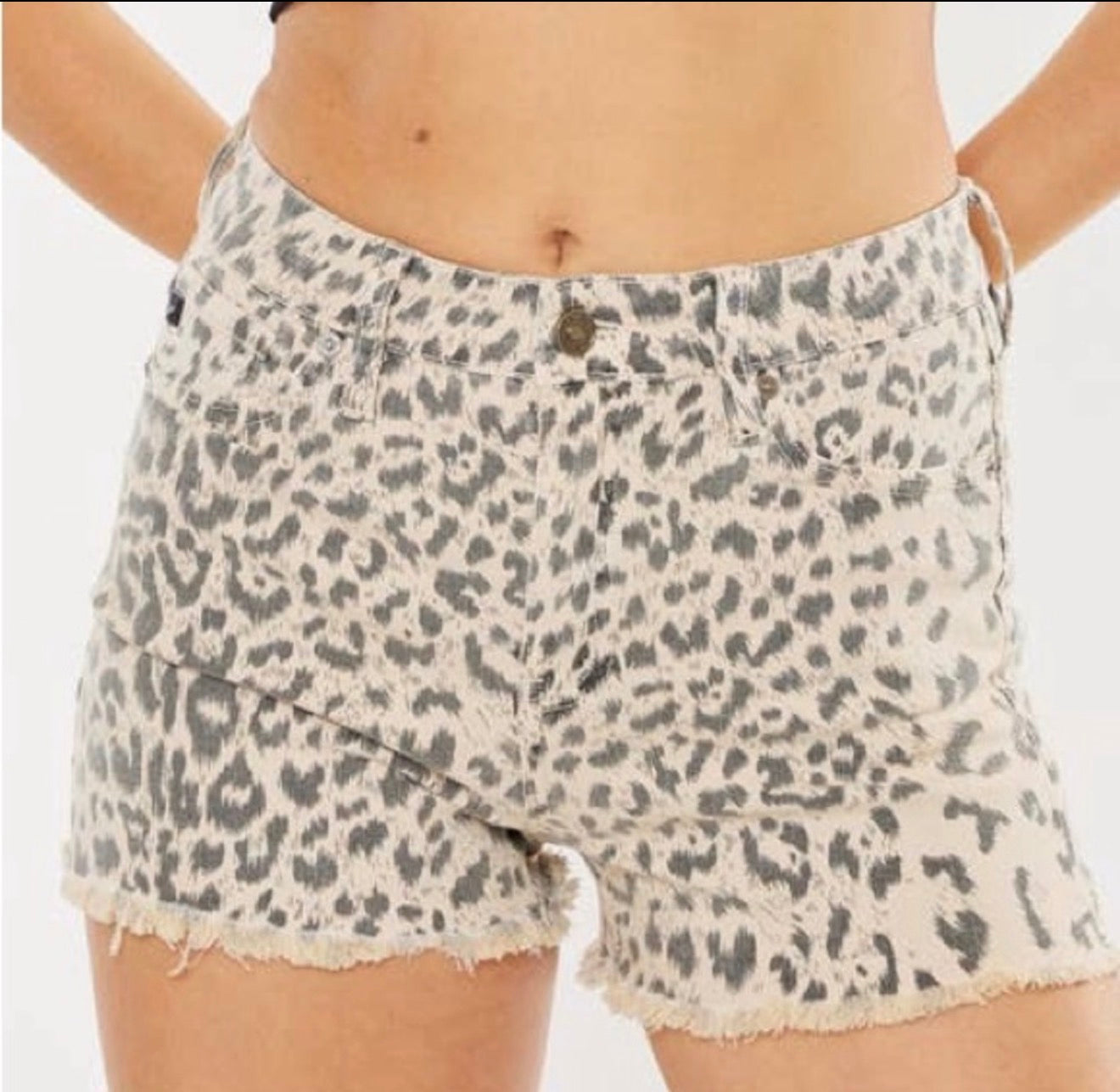 Kan Can Leopard Print High Rise Denim Shorts Kan Can USA