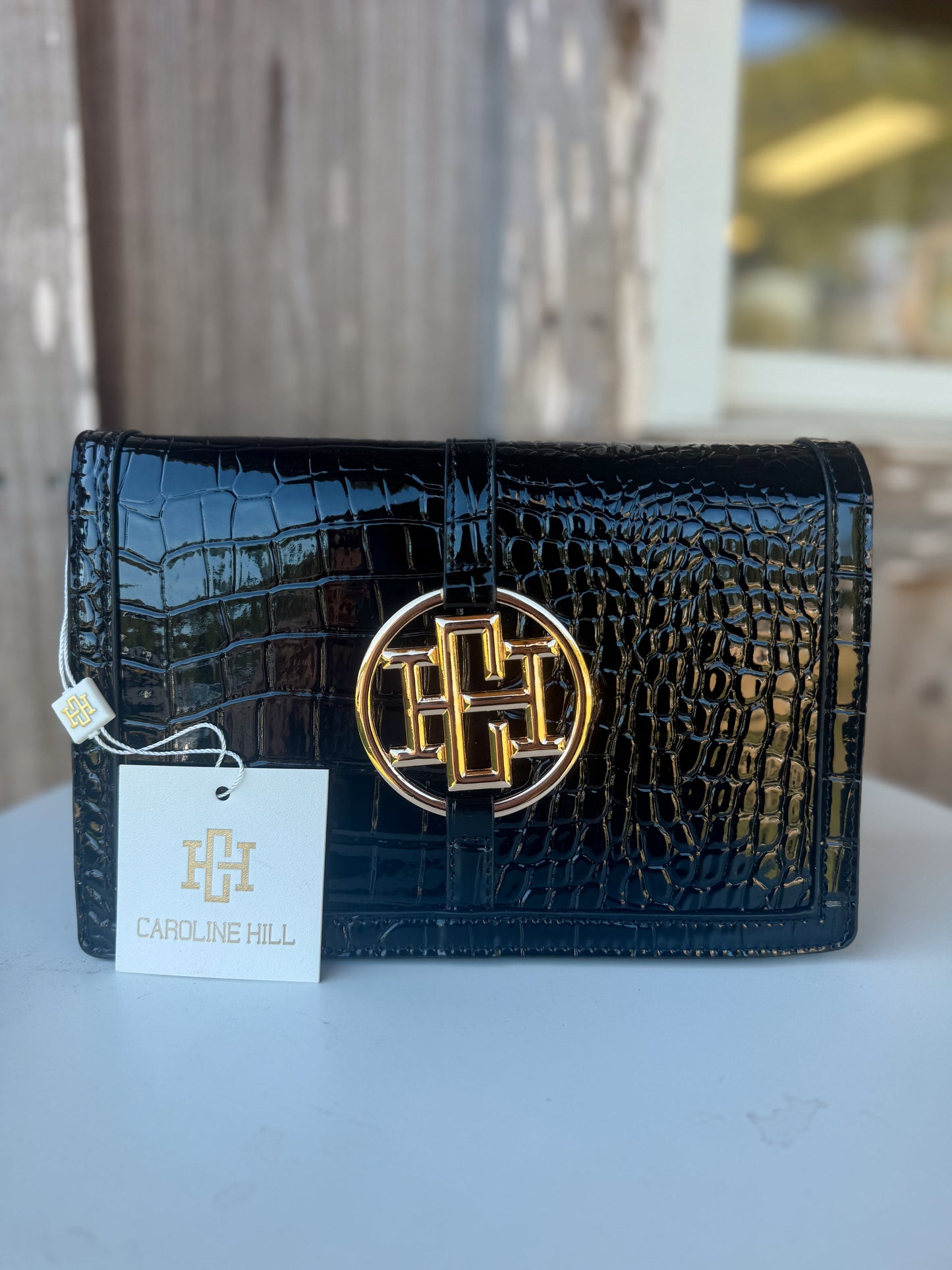 Caroline Hill  Cecilia Circle Logo Black Patent EC Handbag Caroline Hill