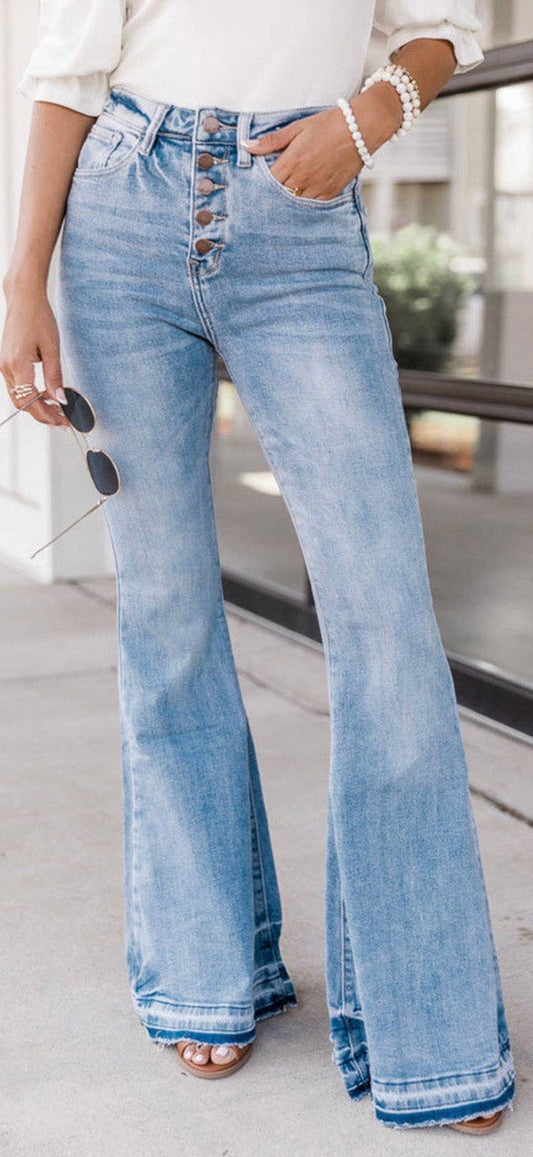 Umorger Denim Blue High Waist Buttoned Distressed Flared Jeans Umorger