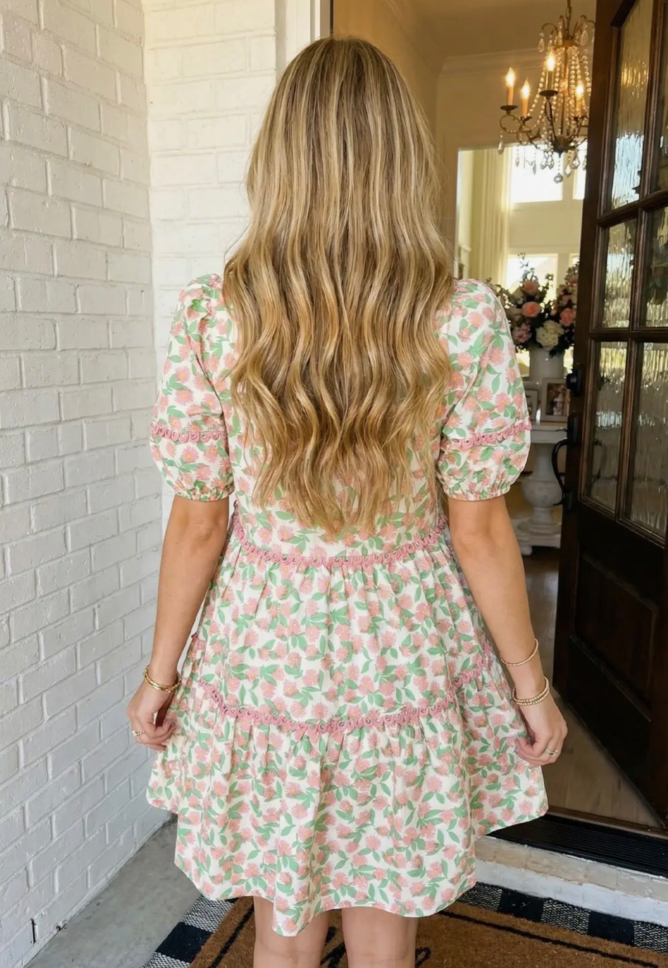 LA Society Green Missy Ricrac Trim Floral Puff Sleeve Dress LA Society