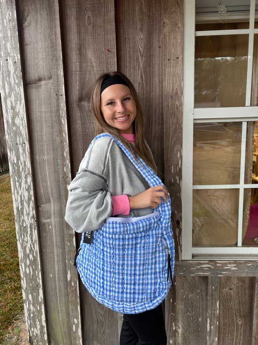 Lulu Mac Light Blue White Gingham Puffer Quilted Handbag