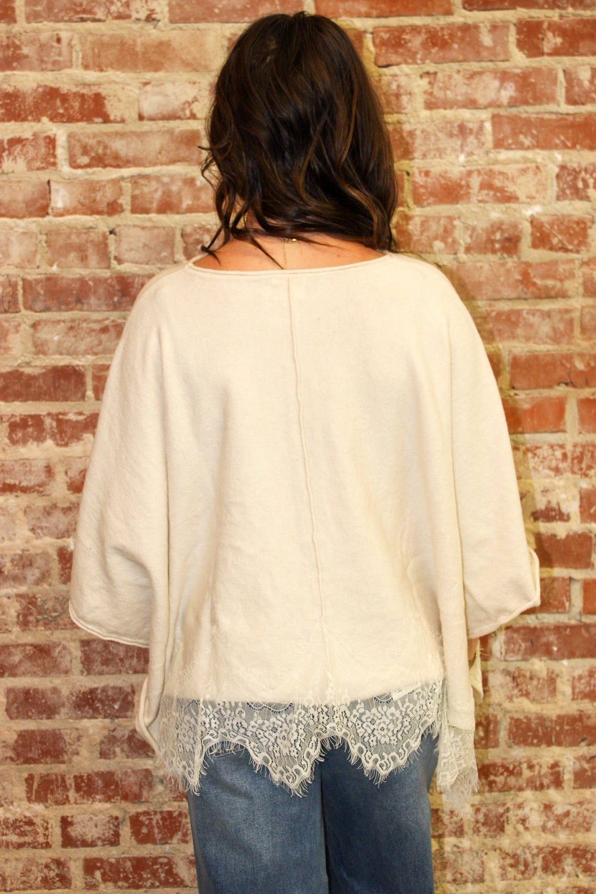Peach Love California Ivory Lace Hem Detailed Knit Pancho Peach Love California