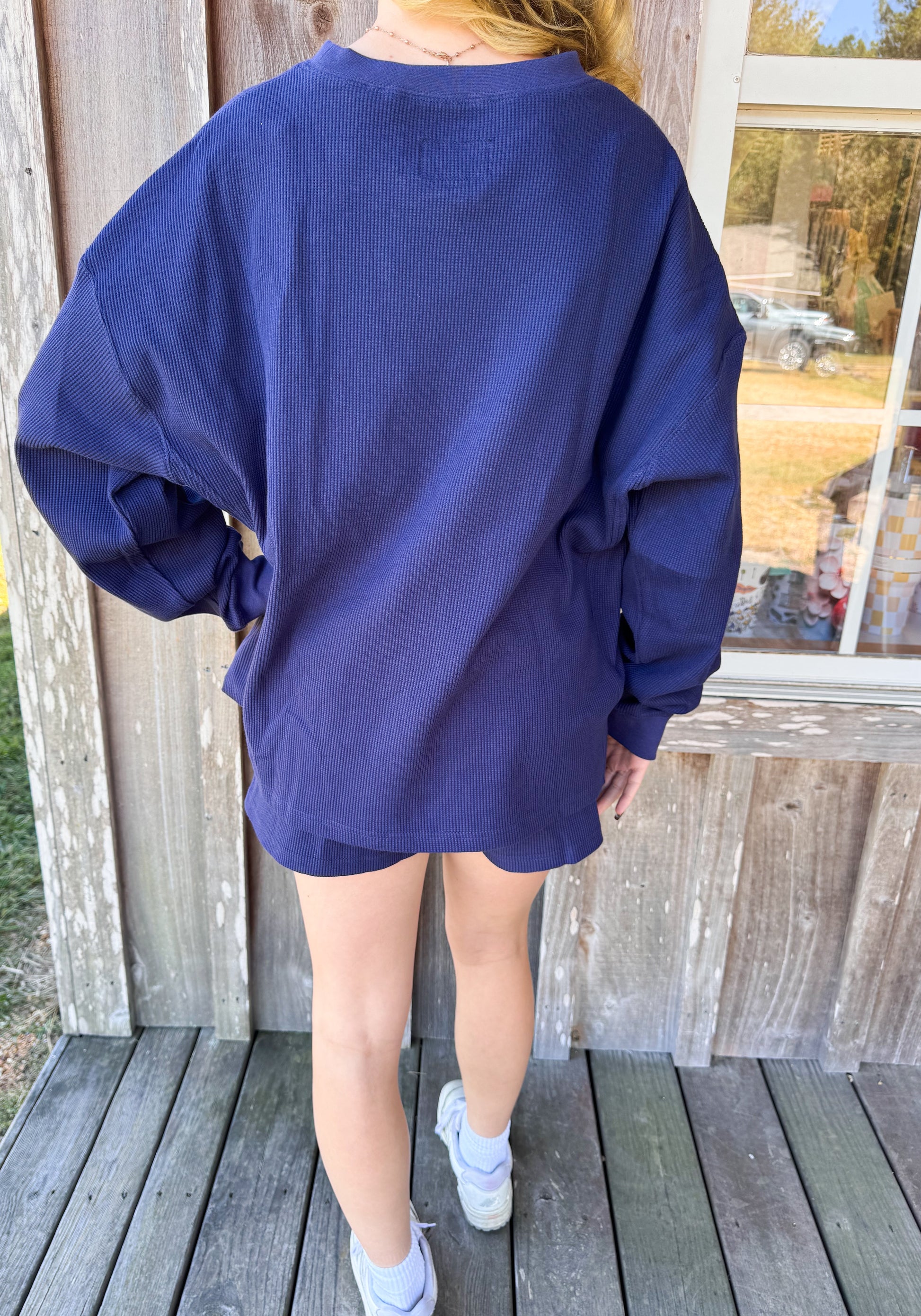 Lulu Mac Navy Waffle Knit Long Sleeve Sweater Top Girlie Girl Originals