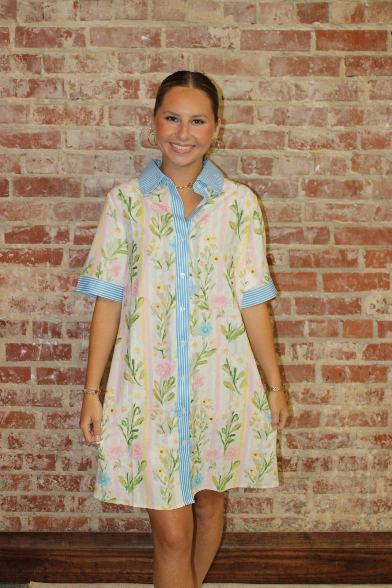 Multicolour Floral Stripe Trim Button Down Dress PRETTY BASH