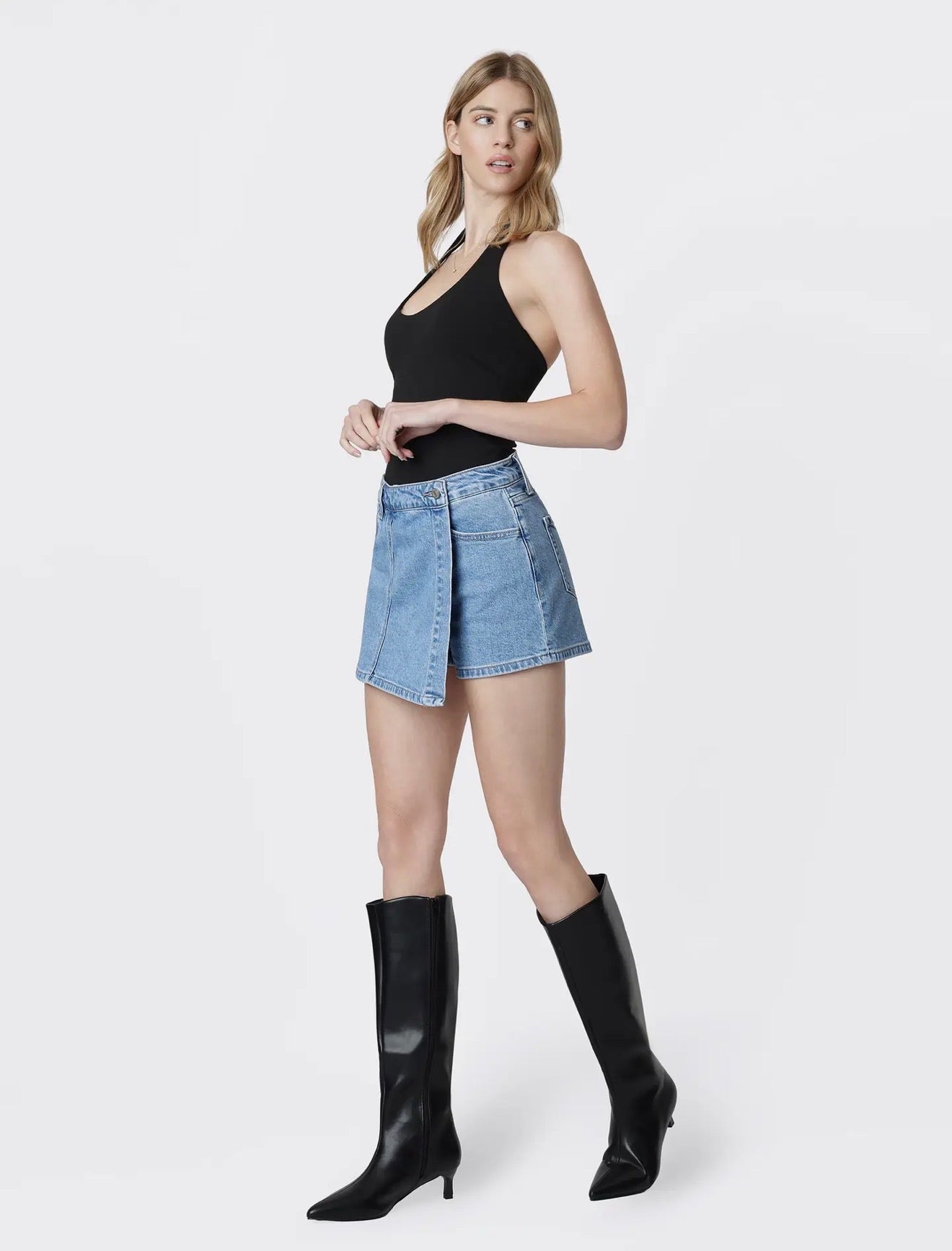 VERVET by Flying Monkey Lavishly High Rise Medium Wash Denim Wrap Skort: VERVET by FLYING MONKEY