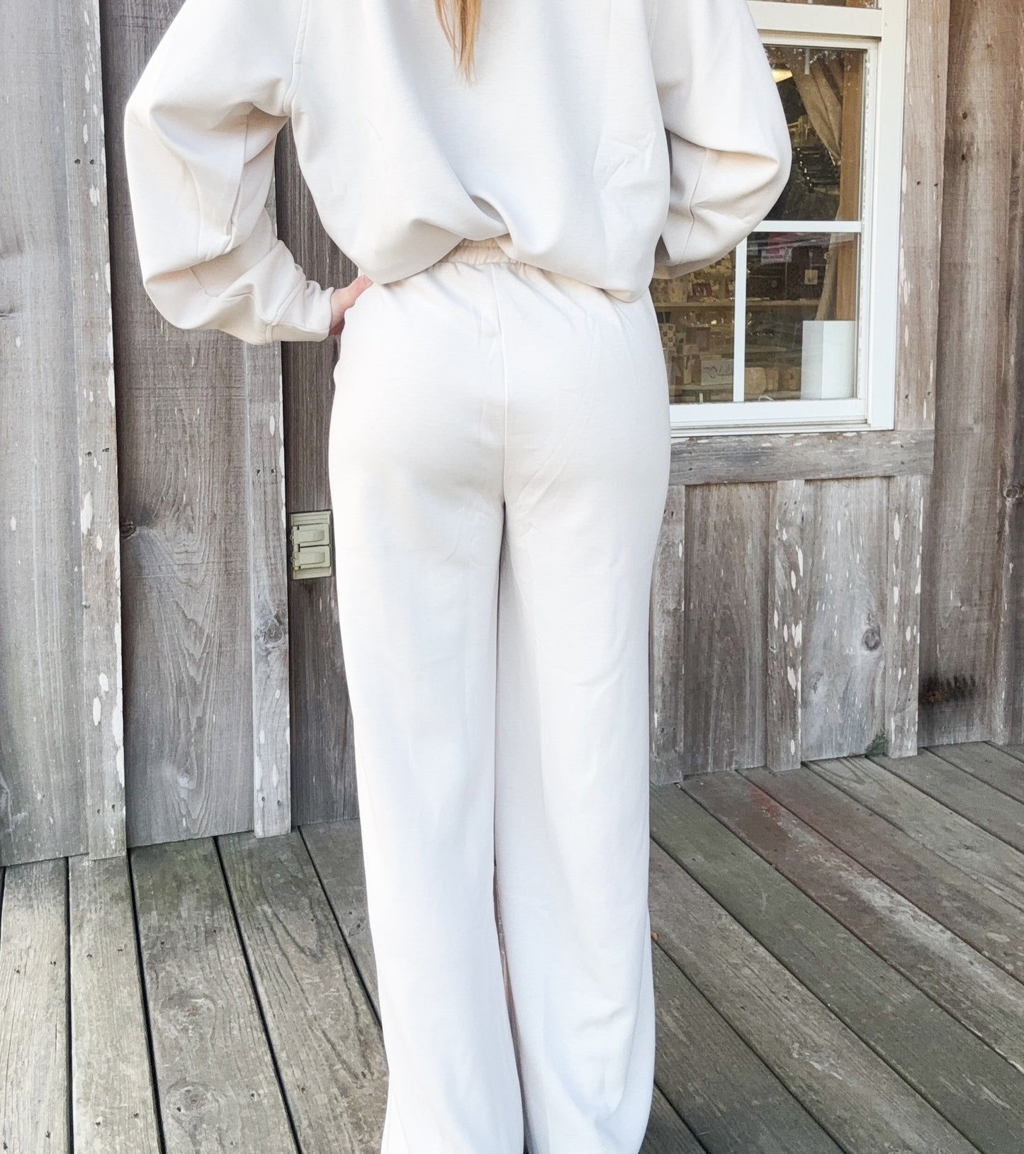 Zenana Sand Beige Scuba Crewneck Pullover & Pants 2 Pieces Set zenana