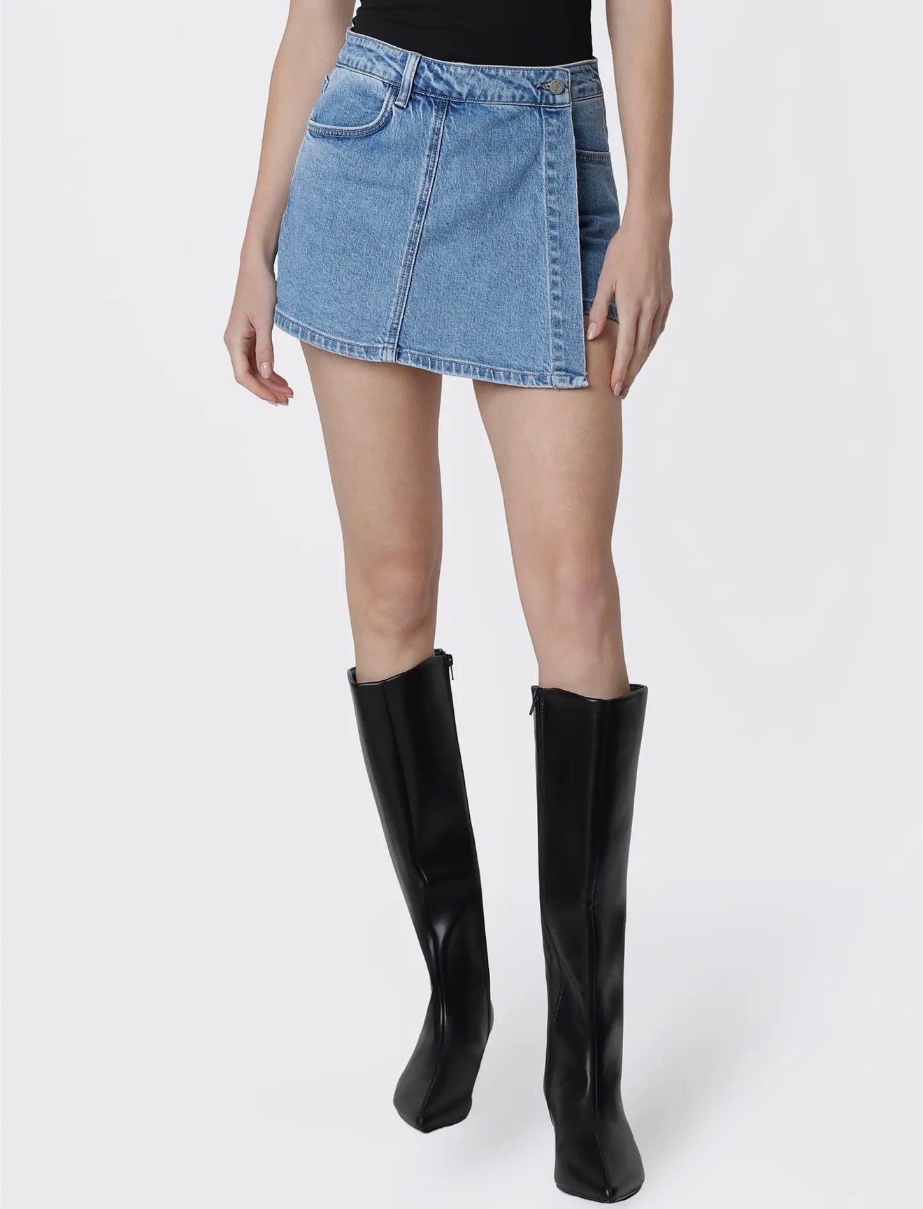 VERVET by Flying Monkey Lavishly High Rise Medium Wash Denim Wrap Skort: VERVET by FLYING MONKEY