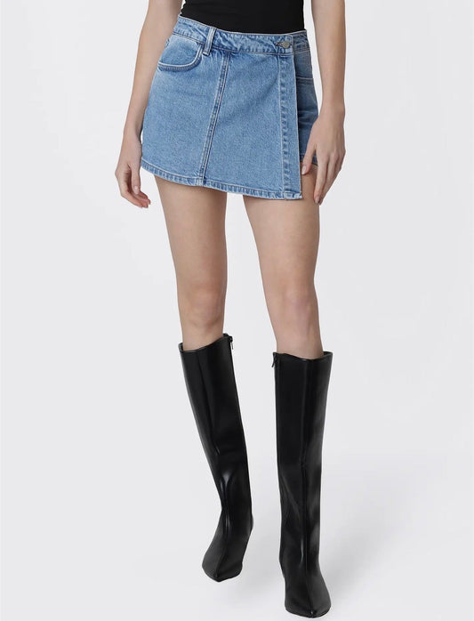 VERVET by Flying Monkey Lavishly High Rise Medium Wash Denim Wrap Skort: VERVET by FLYING MONKEY