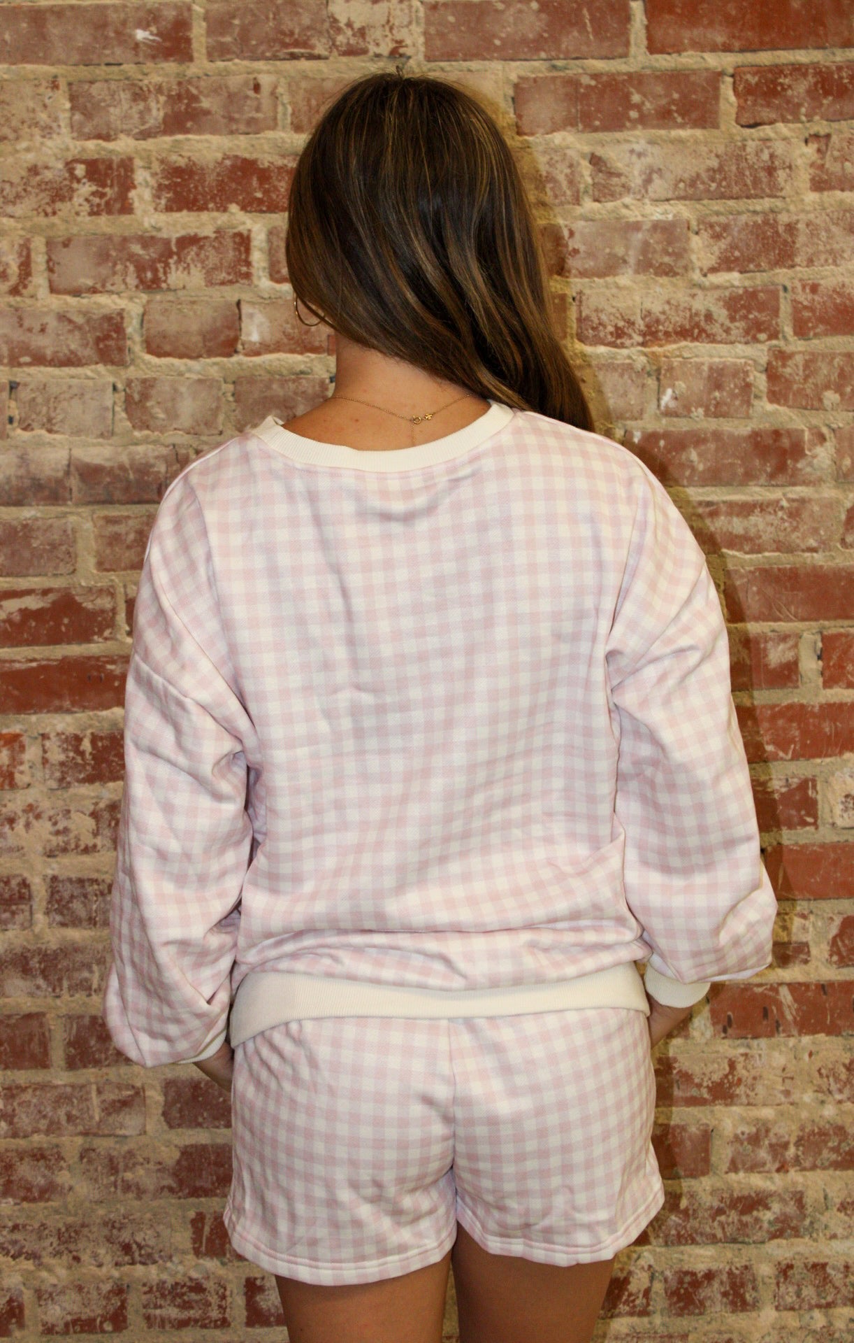 Pink 2 Piece Set Gingham Crewneck & Shorts Loungewear 1 the Woman