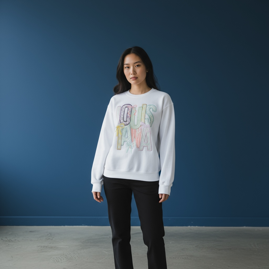 Louisiana Coquette Faux Embroidery White Sweatshirt SOUTHERN SUNDROP BOUTIQUE