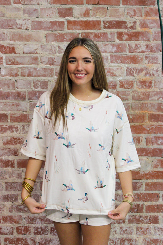 LDC Beige Shift High Waist Mallard Duck Print Short Sleeve Set Little Daisy Closet