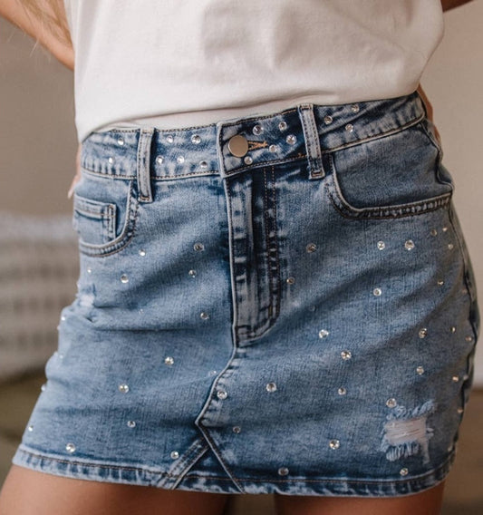 Rhinestone Distressed Denim High Waist Mini Skirt Aapparella