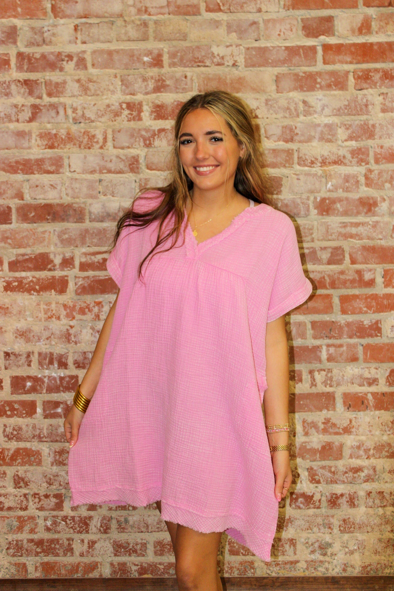 Zenana Washed Double Gauze Raw Edge V-neck Dress Zenana