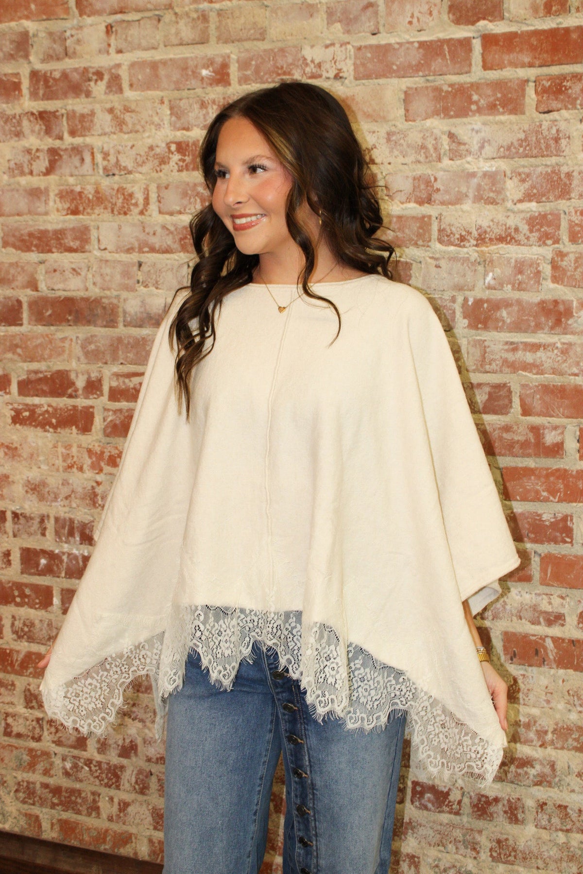 Peach Love California Ivory Lace Hem Detailed Knit Pancho Peach Love California