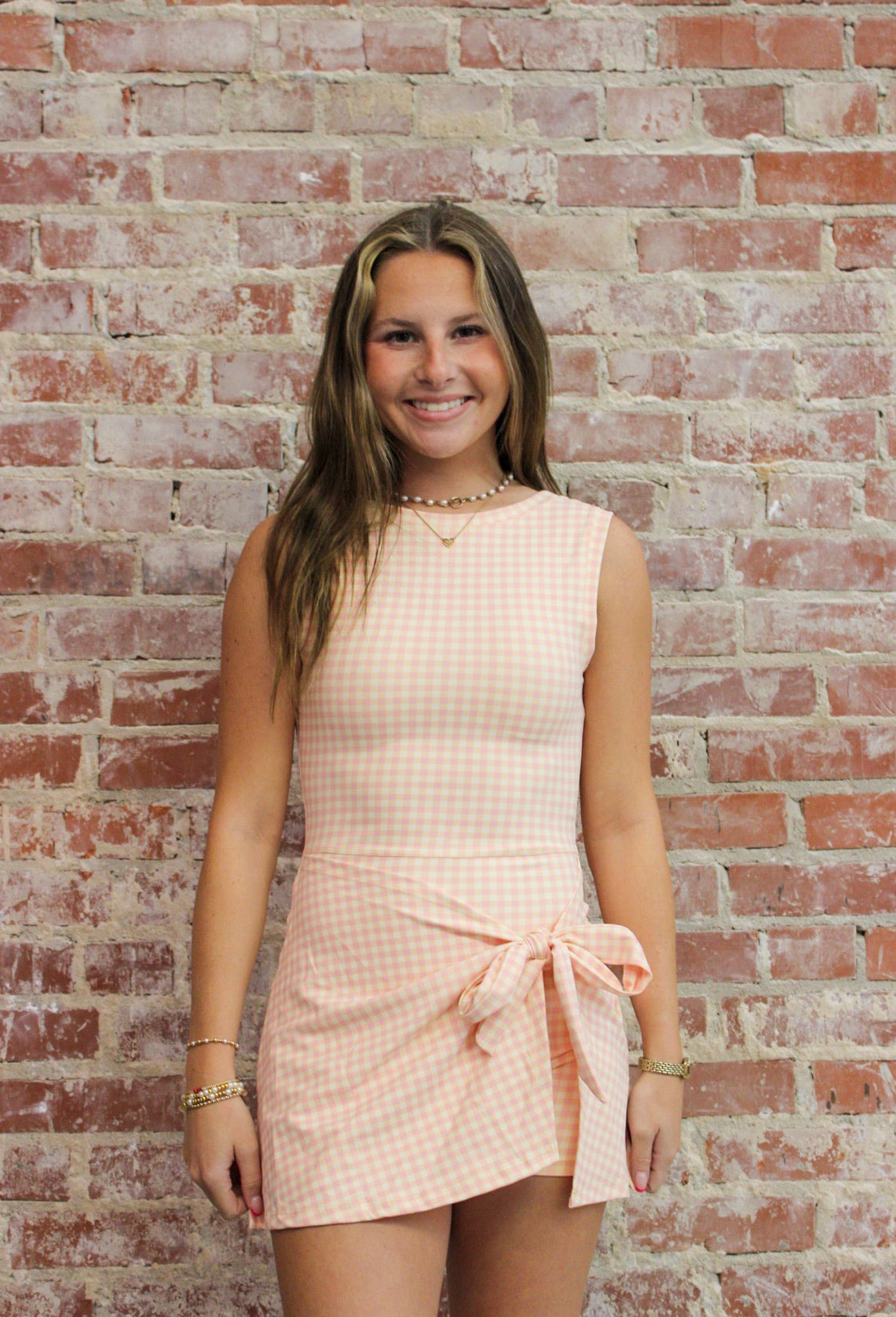 KIMBERLY C Peach Gingham Gingham Print Sleeveless Wrap Tie Front Dress KIMBERLY C