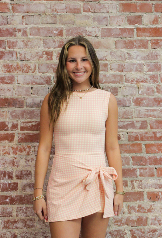 KIMBERLY C Peach Gingham Gingham Print Sleeveless Wrap Tie Front Dress KIMBERLY C