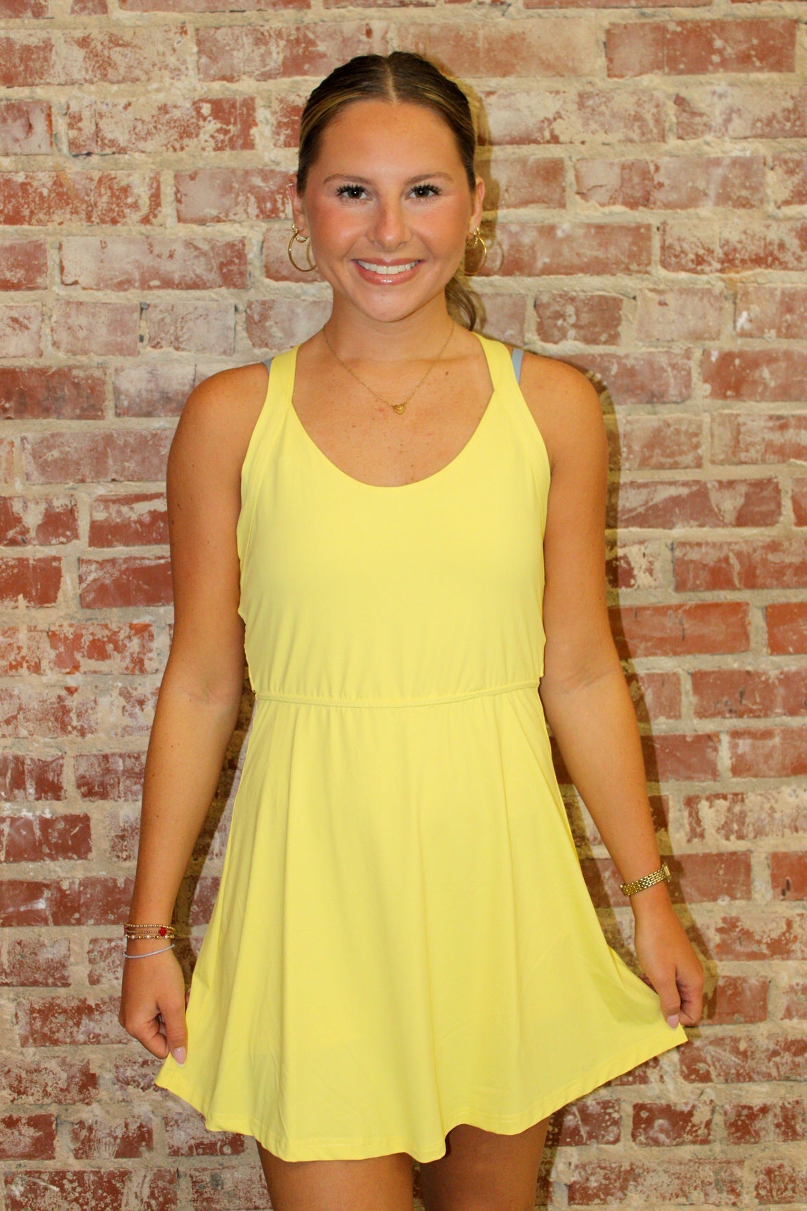 Aapparella Yellow Cream Backless Tank Top Athletic Mini Dress Aapparella